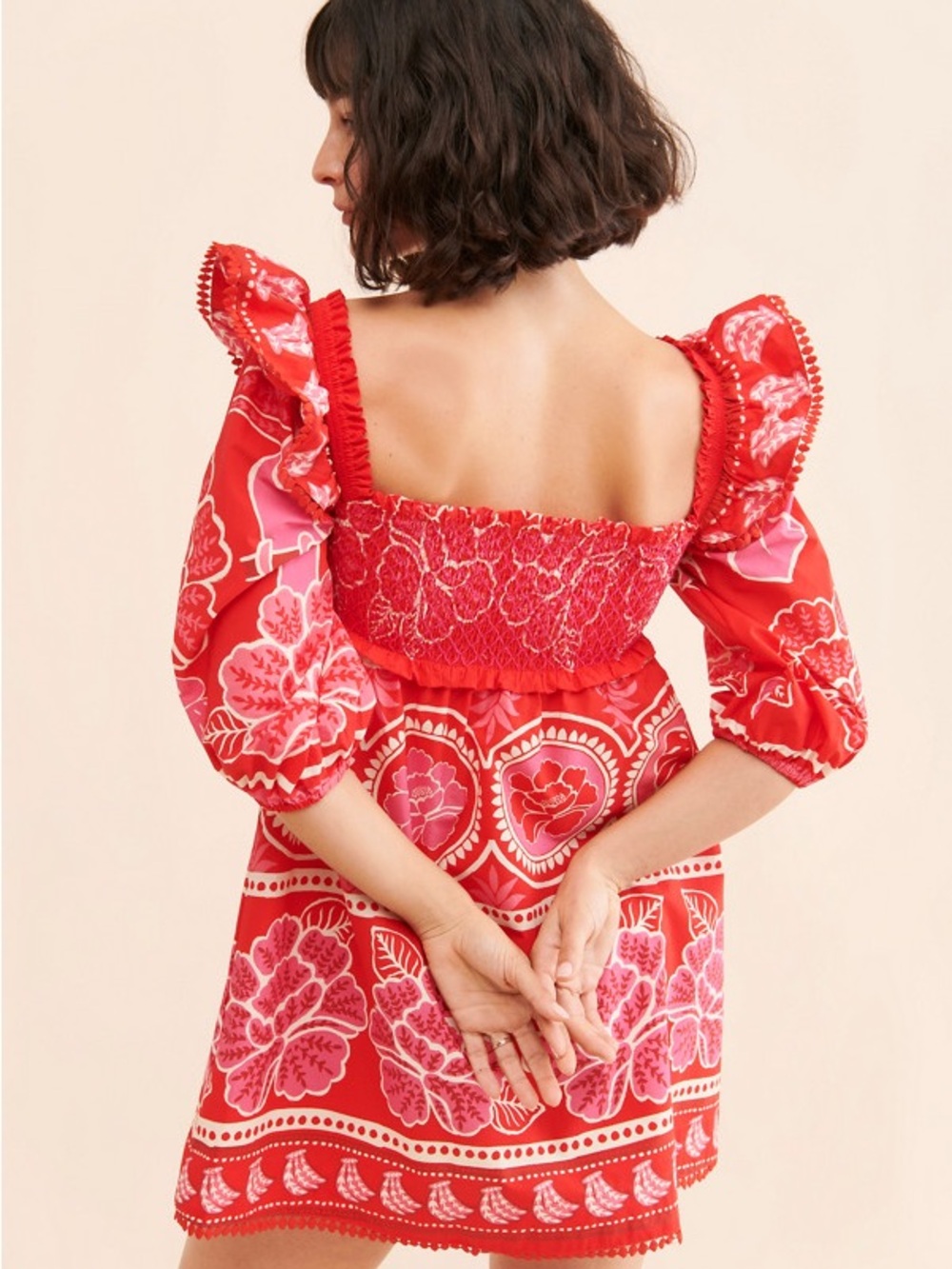 Farm Rio Red Floral Smocked Mini Dress - Picture 2 of 9